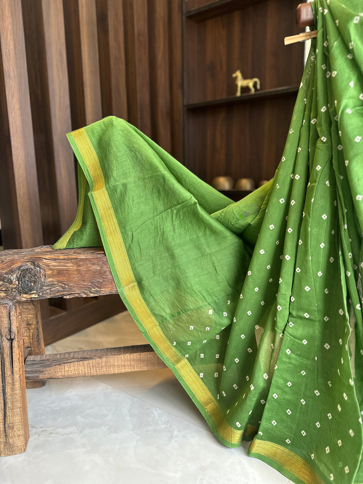 Moss Green Bandhini Silk By Cotton Maheshwari Silk Saree