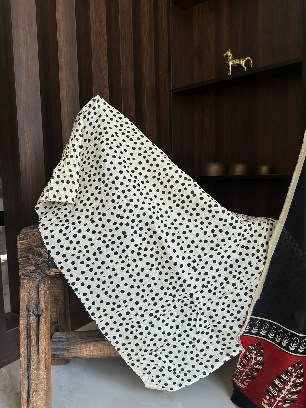 Black Red Handblock Mul Cotton Saree