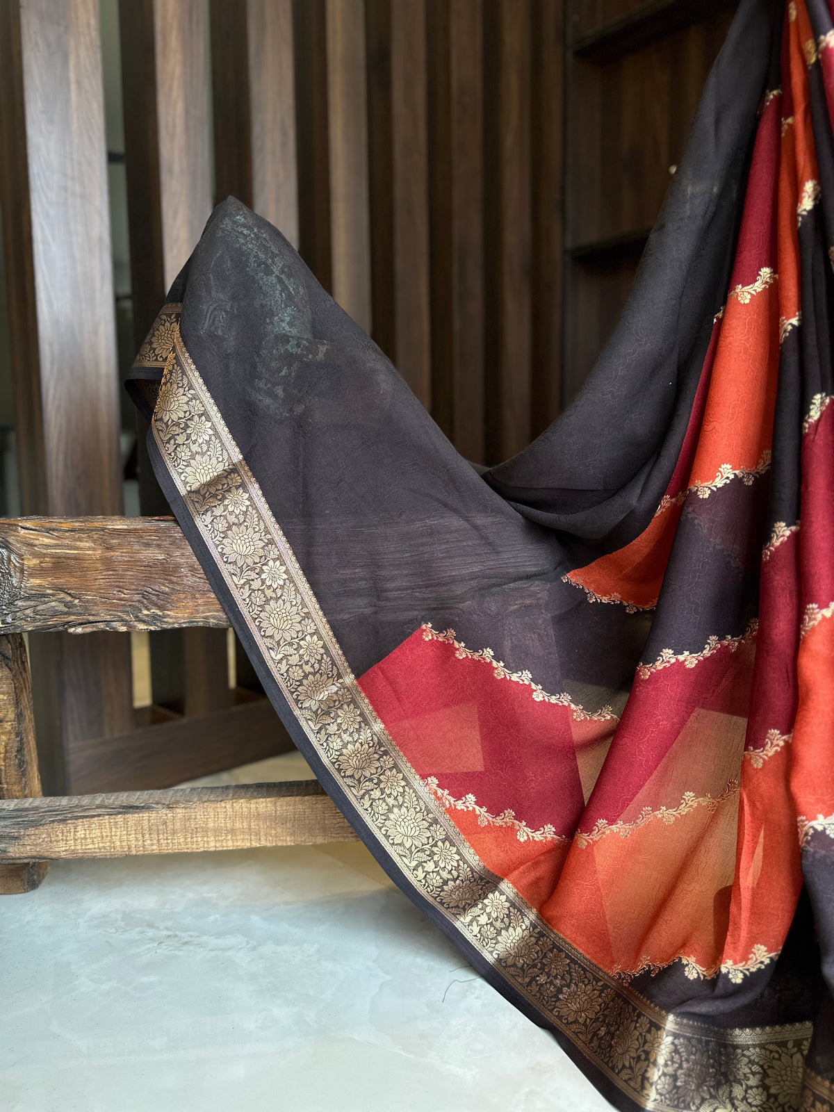 Multicolour Rust Orange Embossed Diagonal Motif Saree