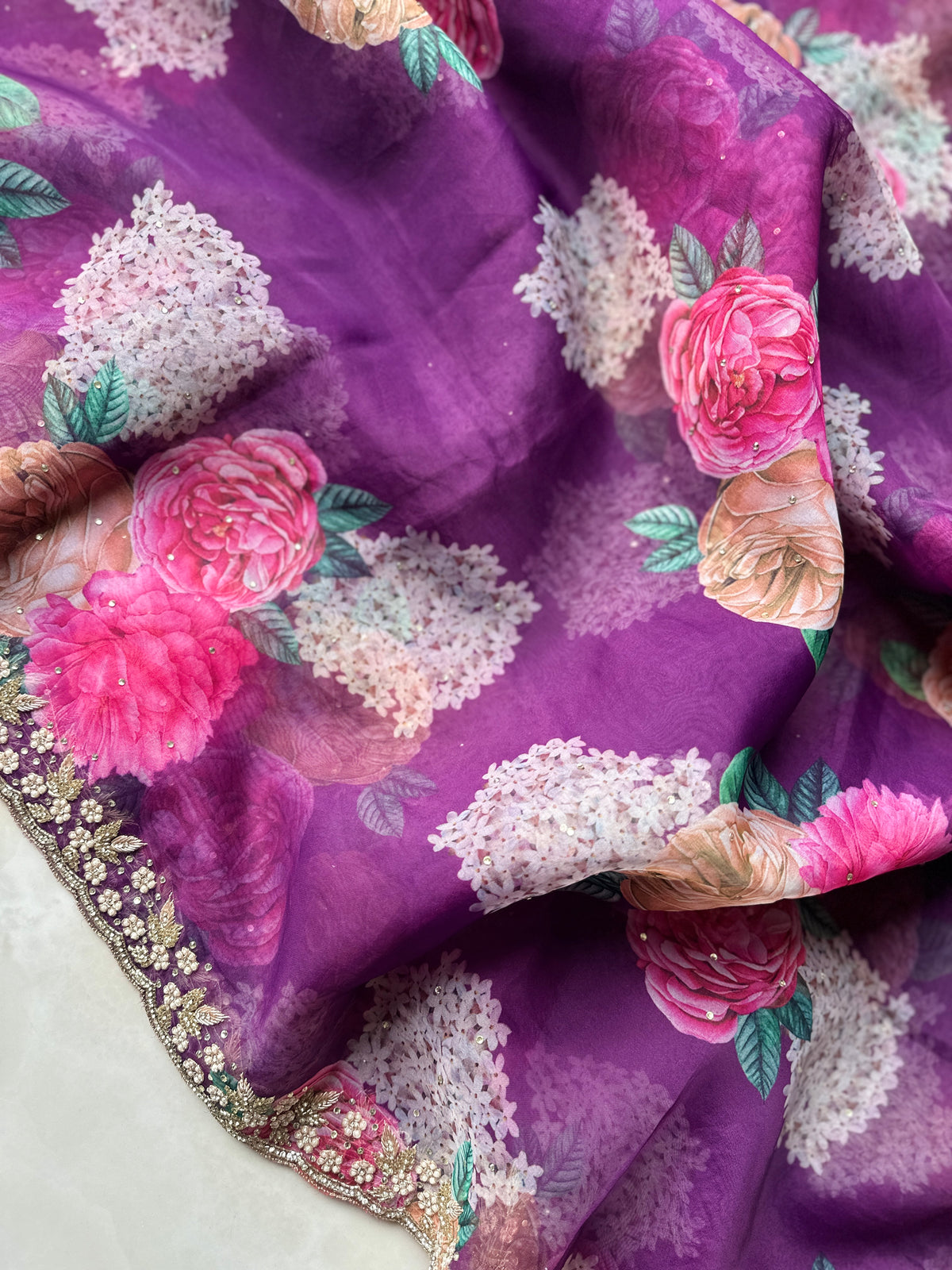 Handwork Purple Floral Organza Saree