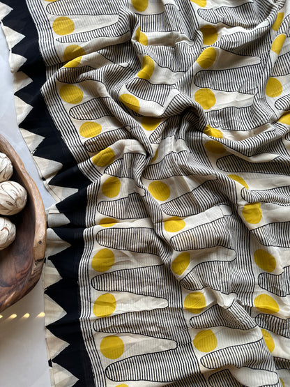 Authentic Black and Yellow Georgette Handblock Saree