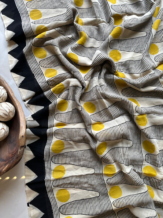 Authentic Black and Yellow Georgette Handblock Saree