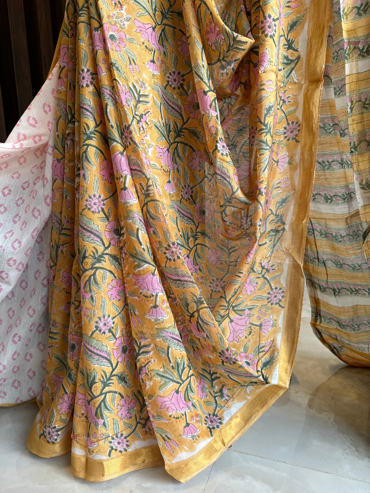 Handblock Linen Chanderi Cotton saree Floral