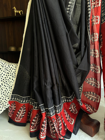 Black Red Handblock Mul Cotton Saree