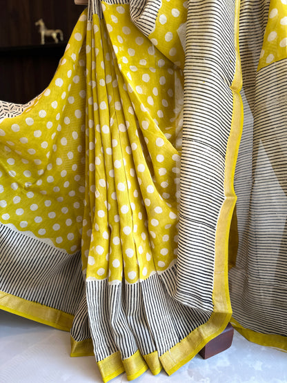 Sunshine Yellow Polka Dot Silk By Cotton Maheshwari Saree