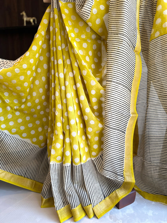 Sunshine Yellow Polka Dot Silk By Cotton Maheshwari Saree