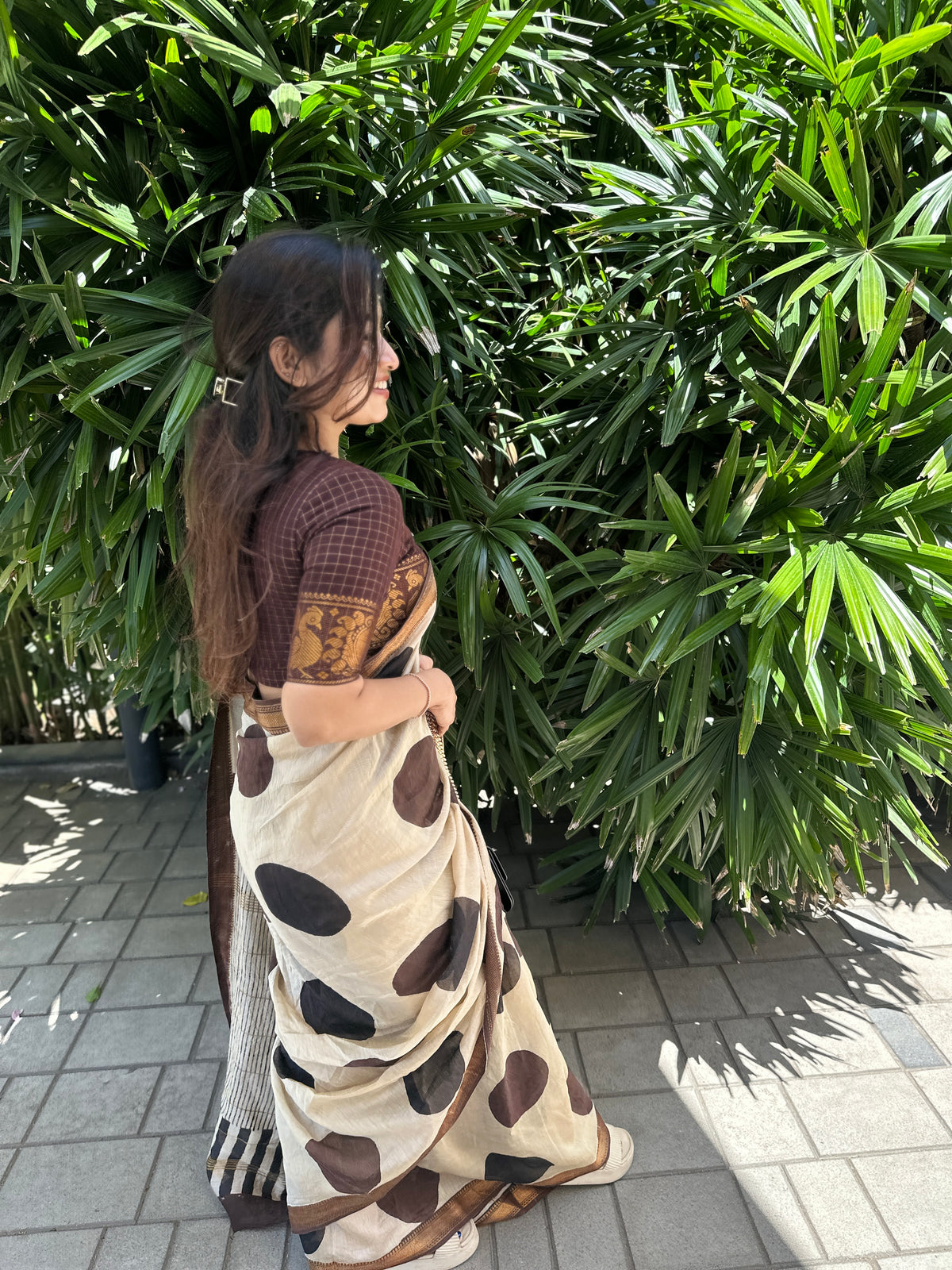 Brown Polka Dot Silk By Cotton Maheshwari Saree
