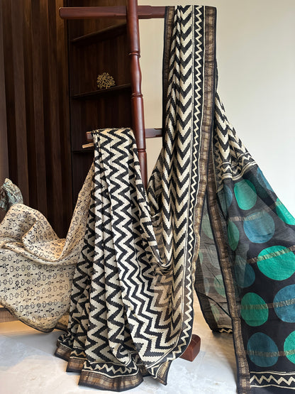 Zig Zag Black Silk By Cotton Maheshwari Silk Saree