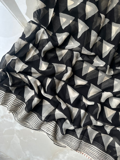 Authentic Black Triangle Georgette Handblock Saree