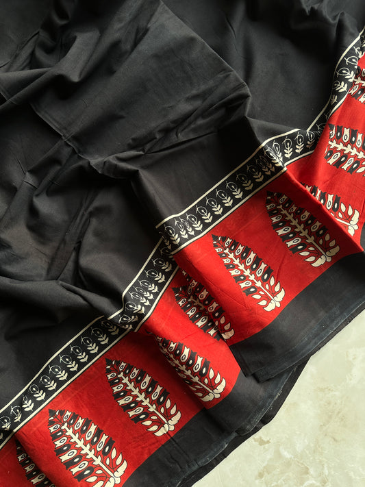 Black Red Handblock Mul Cotton Saree
