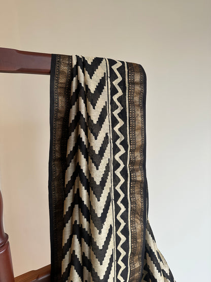 Zig Zag Black Silk By Cotton Maheshwari Silk Saree