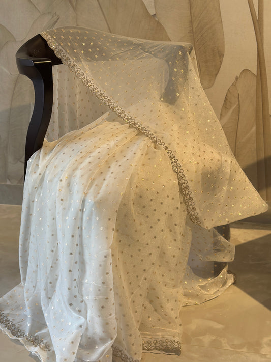Dreamy white organza with Zari Butta Organza Saree