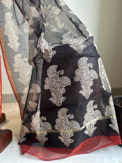 Handblock striped Orange and Black Kota Doriya Saree