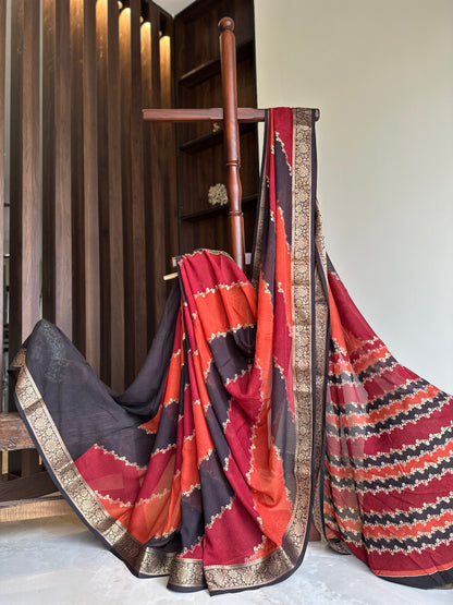 Multicolour Rust Orange Embossed Diagonal Motif Saree