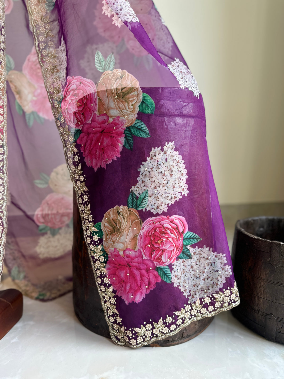 Handwork Purple Floral Organza Saree
