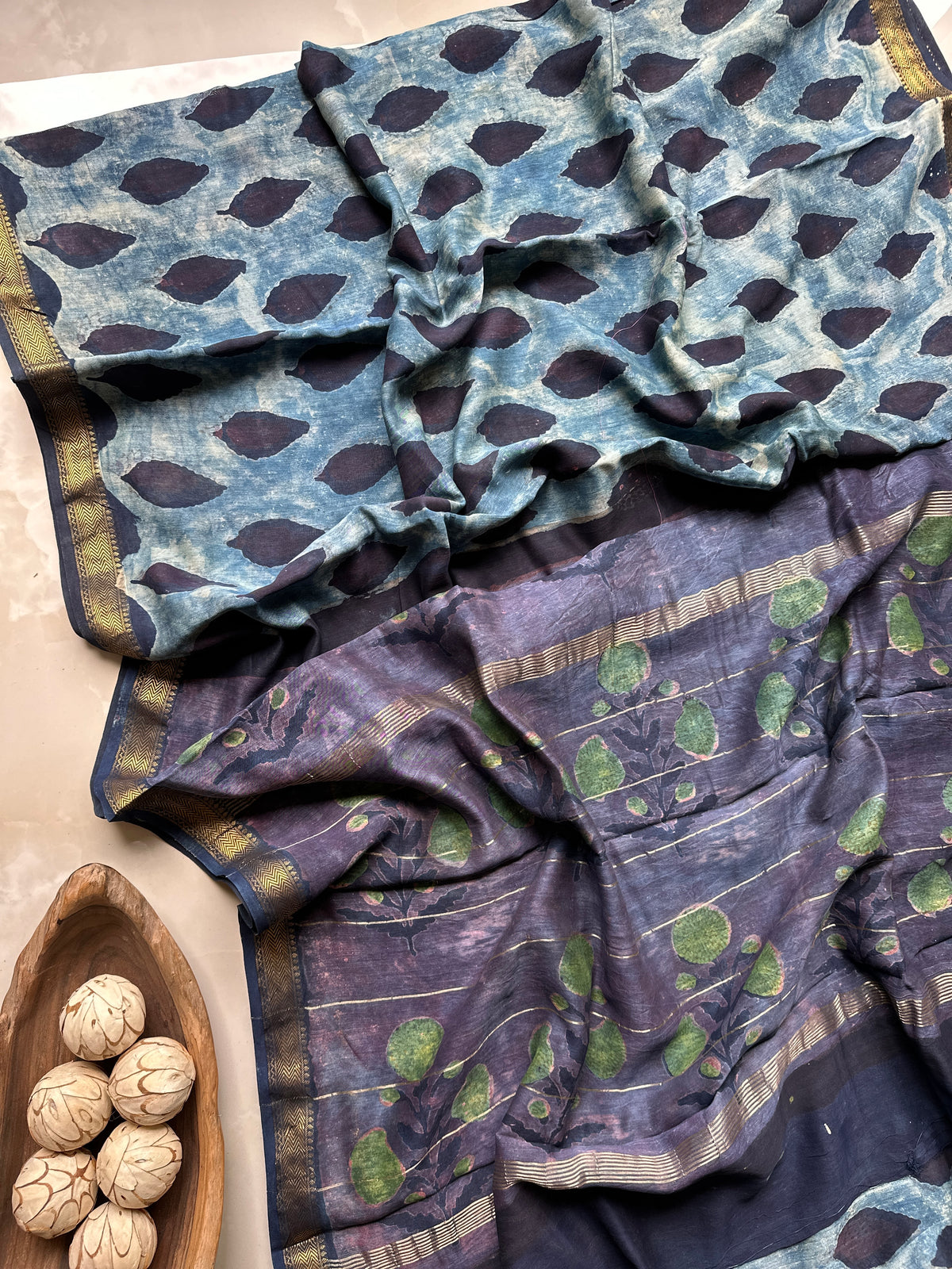 Peacock Motif Indigo Silk By Cotton Maheshwari Saree