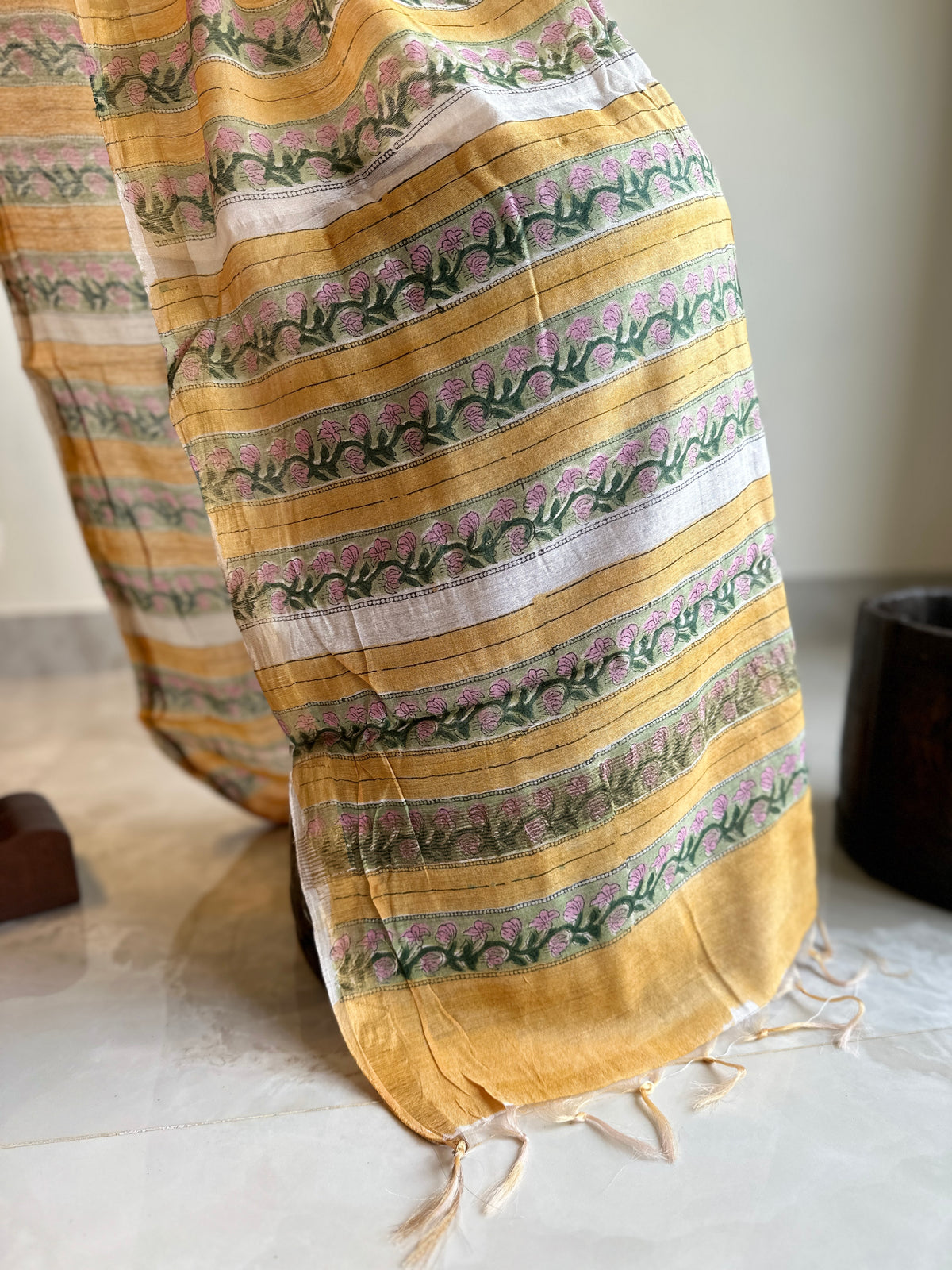 Handblock Linen Chanderi Cotton saree Floral