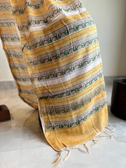 Handblock Linen Chanderi Cotton saree Floral