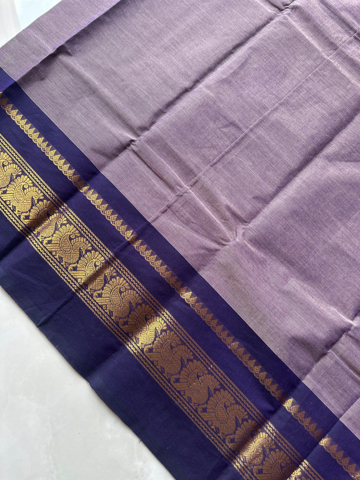 Purple Kanchi Cotton Saree with Peacock Border