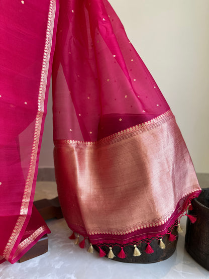 Pink Handwoven Pure Kota Organza Saree