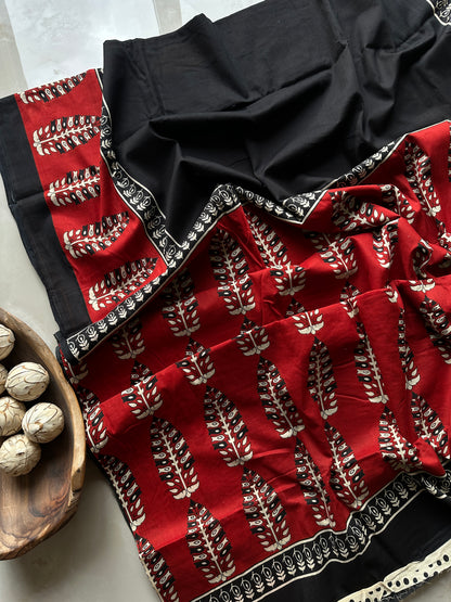 Black Red Handblock Mul Cotton Saree