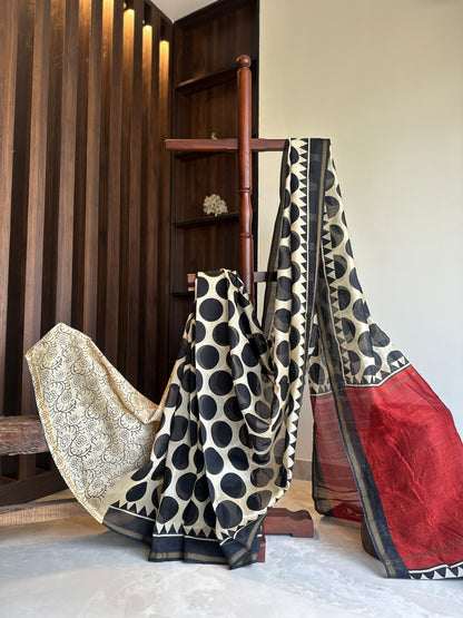 Black Perfect Polkas On Silk By Cotton Chanderi Saree