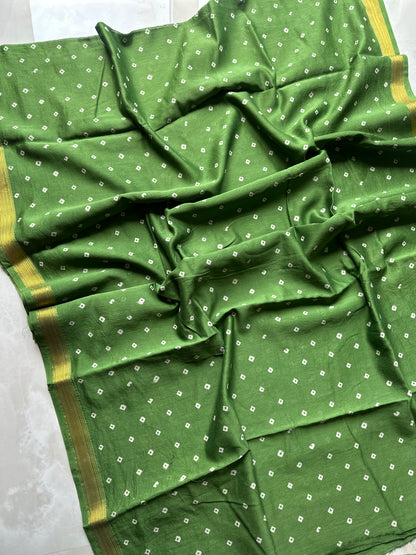 Moss Green Bandhini Silk By Cotton Maheshwari Silk Saree