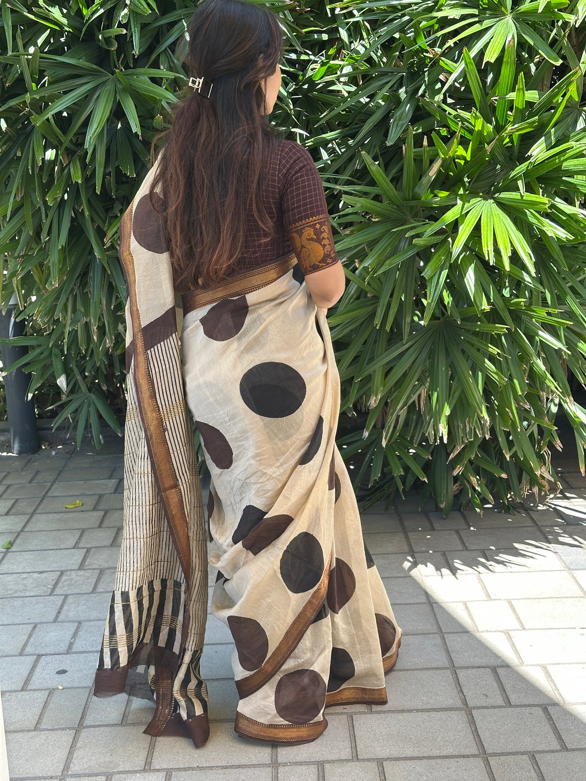 Brown Polka Dot Silk By Cotton Maheshwari Saree