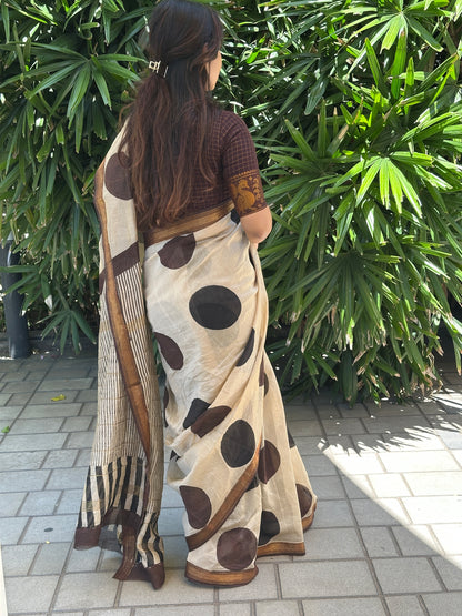 Brown Polka Dot Silk By Cotton Maheshwari Saree