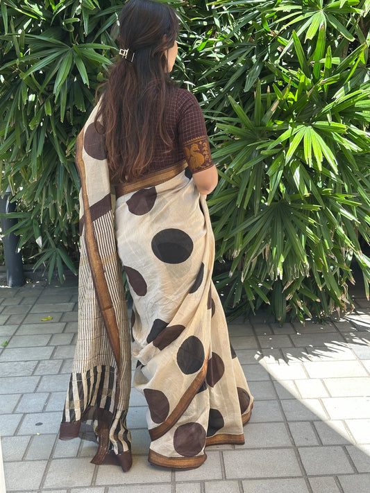 Brown Polka Dot Silk By Cotton Maheshwari Saree