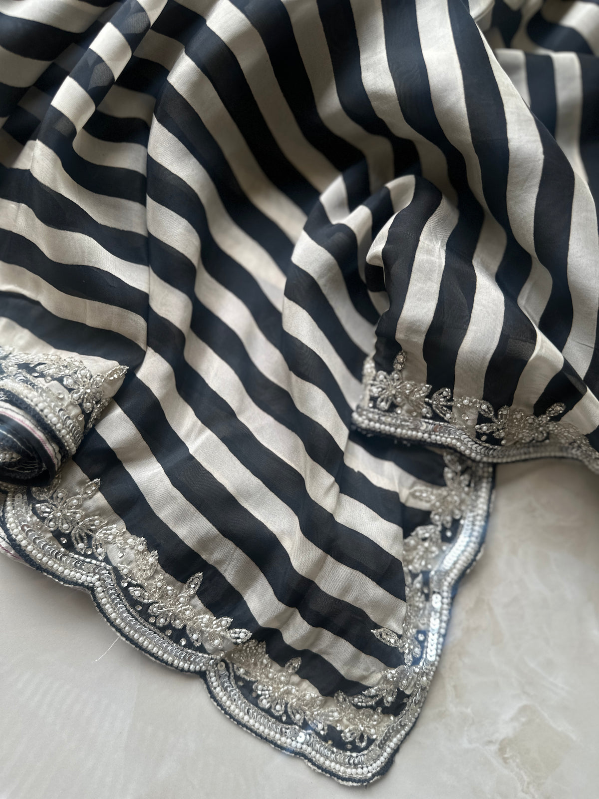 Handwork Striped Pure Crepe Designer Saree