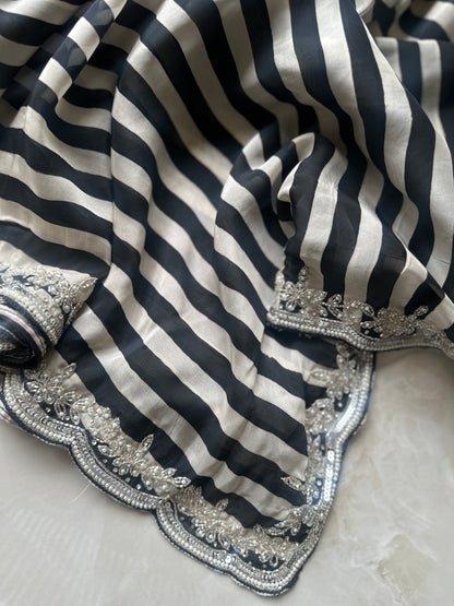 Handwork Striped Pure Crepe Designer Saree