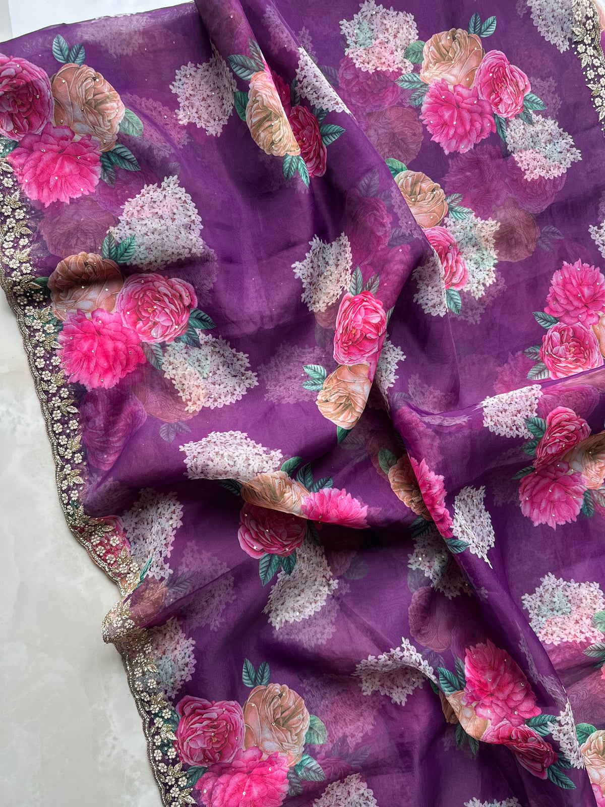 Handwork Purple Floral Organza Saree