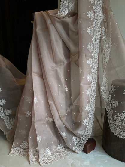 Pastel Pearl Hand Embroidered Pure Organza Saree