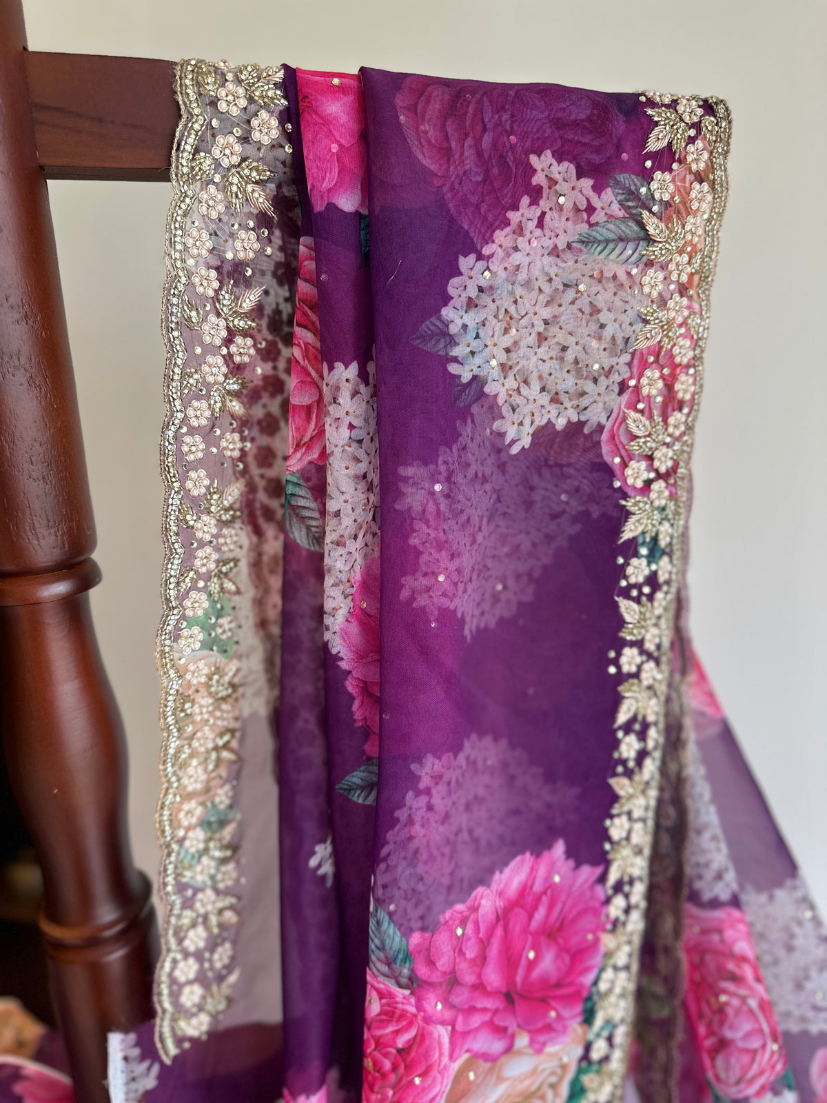 Handwork Purple Floral Organza Saree