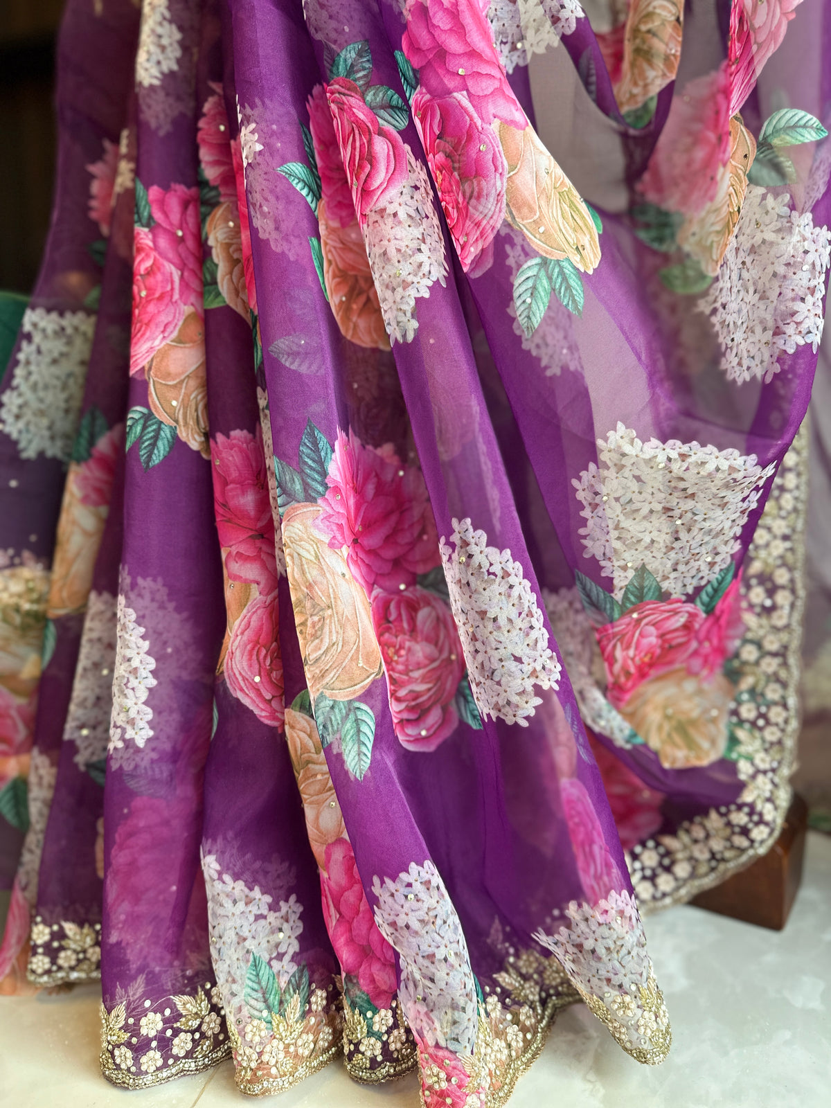 Handwork Purple Floral Organza Saree