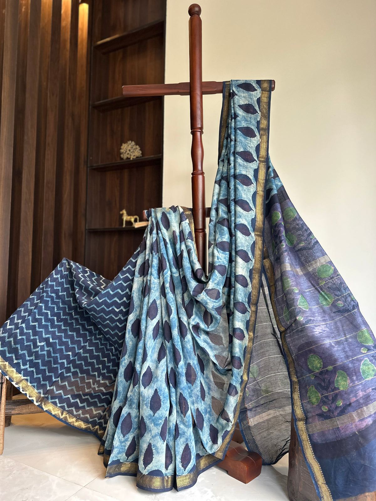 Peacock Motif Indigo Silk By Cotton Maheshwari Saree