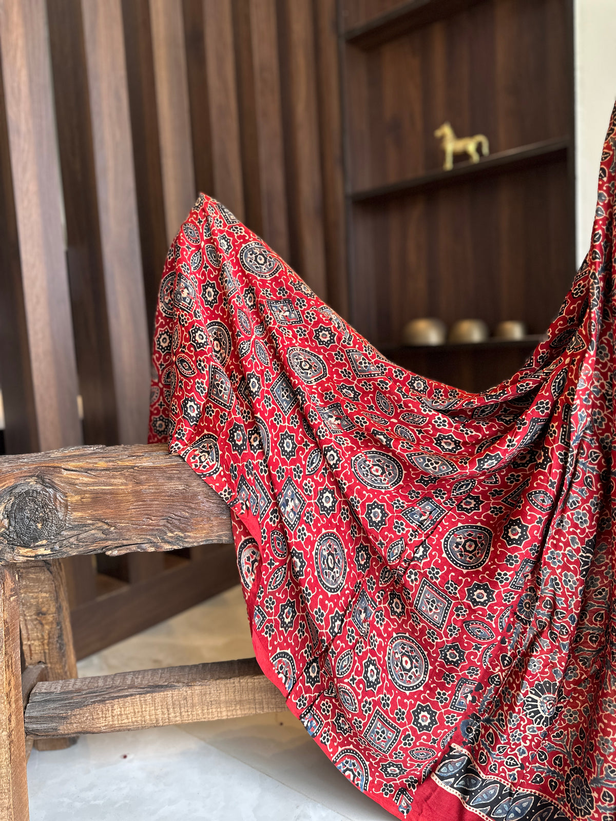 Half and Half Blue Bandhini and Ajrakh Pure Modal Silk Saree