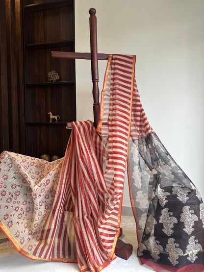 Handblock striped Orange and Black Kota Doriya Saree