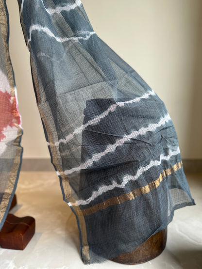 Tie and dye ink waves Red and Grey  Kota Doriya Saree
