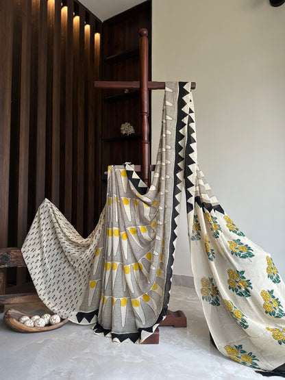 Authentic Black and Yellow Georgette Handblock Saree