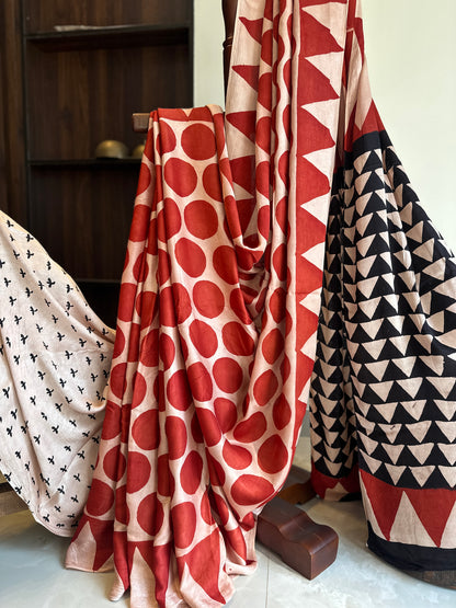 Brick Red Geometric Pure Modal Silk Saree