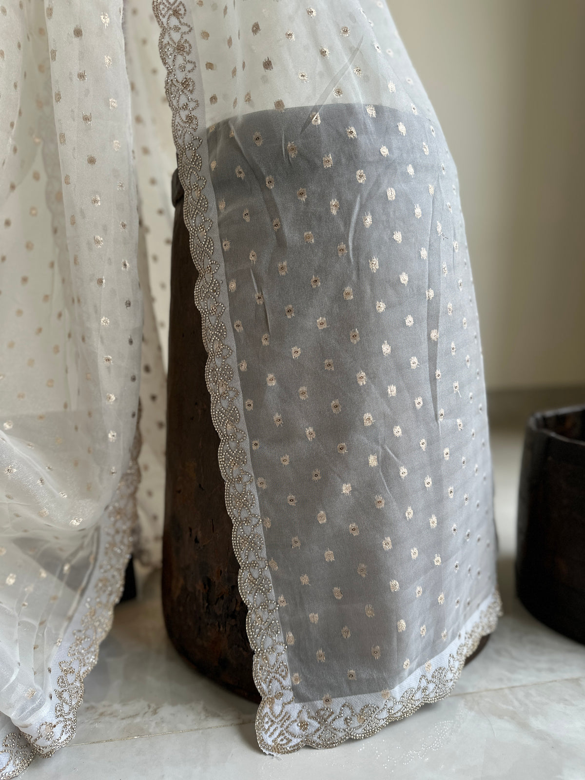 Dreamy white organza with Zari Butta Organza Saree