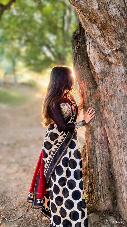 Black Perfect Polkas On Silk By Cotton Chanderi Saree