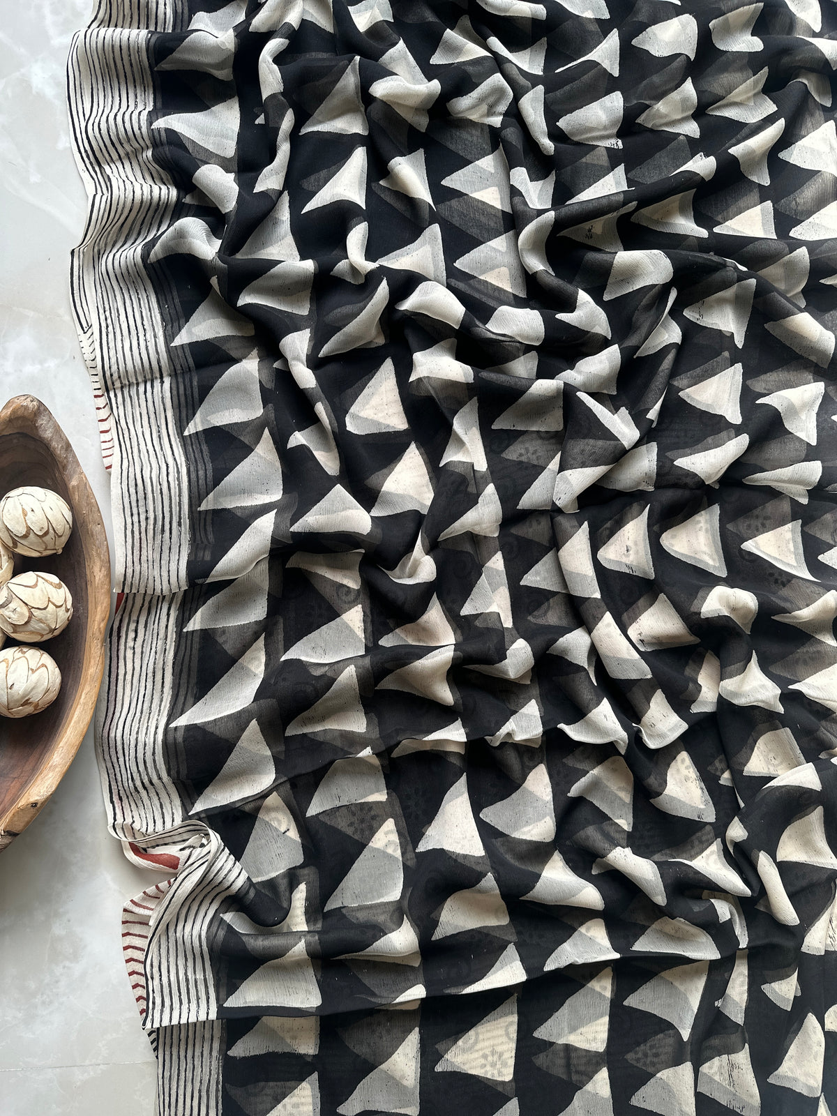 Authentic Black Triangle Georgette Handblock Saree