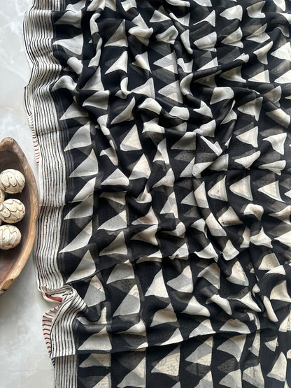 Authentic Black Triangle Georgette Handblock Saree