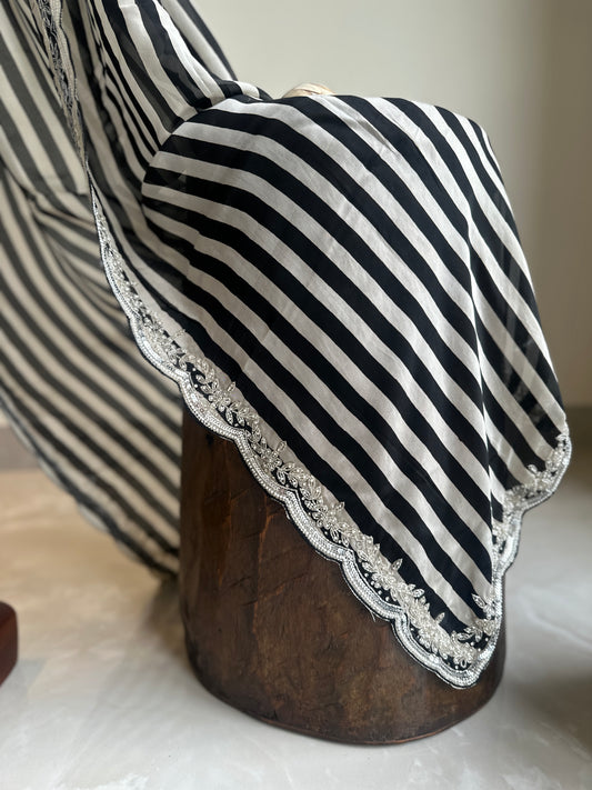 Handwork Striped Pure Crepe Designer Saree