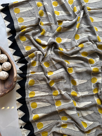 Authentic Black and Yellow Georgette Handblock Saree