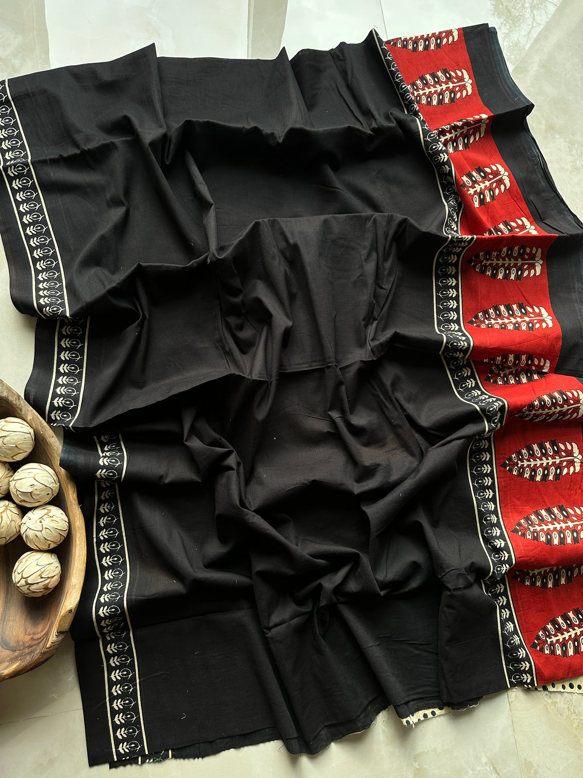 Black Red Handblock Mul Cotton Saree
