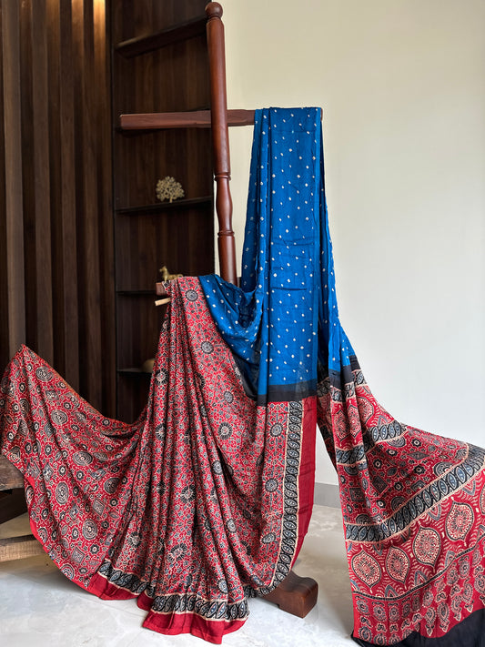 Half and Half Blue Bandhini and Ajrakh Pure Modal Silk Saree